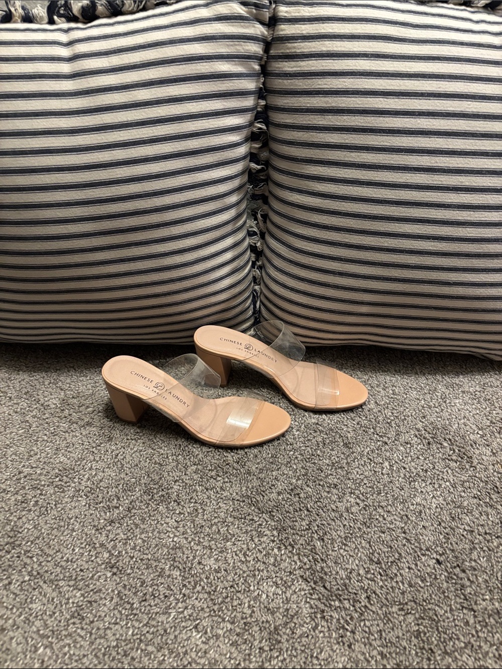 Chinese Laundry Nude Clear Strap Block Heel Mules